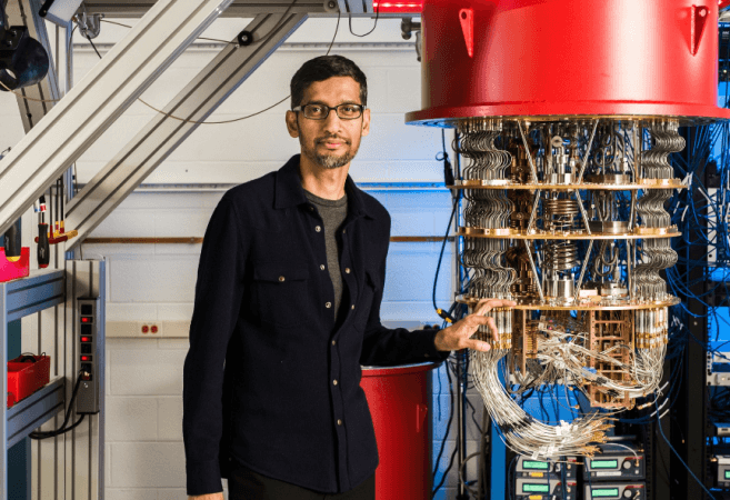 Sundar Pichai posing next to Google's quantum computer