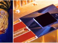 Left: Artist's rendition of the Sycamore processor mounted in the cryostat. (Forest Stearns, Google AI Quantum Artist in Residence) Right: Photograph of the Sycamore processor.
