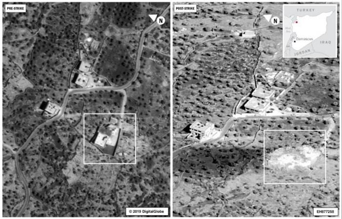A side by side comparison of the compound of Islamic State leader Abu Bakr al-Baghdadi is seen before and after an air strike in the Idlib region of Syria, October 26, 2019. Baghdadi operation