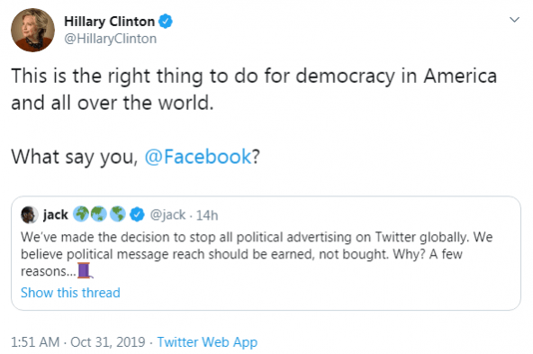 Hilary Clinton praises Twitter's move Hilary Clinton praises Twitter's move