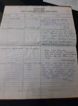 Tipu Sultan tomb visitors book entry by BS Yediyurappa Tipu Sultan tomb visitors book entry by BS Yediyurappa