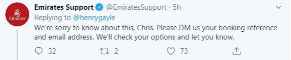 Emirates Airline tweet in response to Gayle Emirates Airline