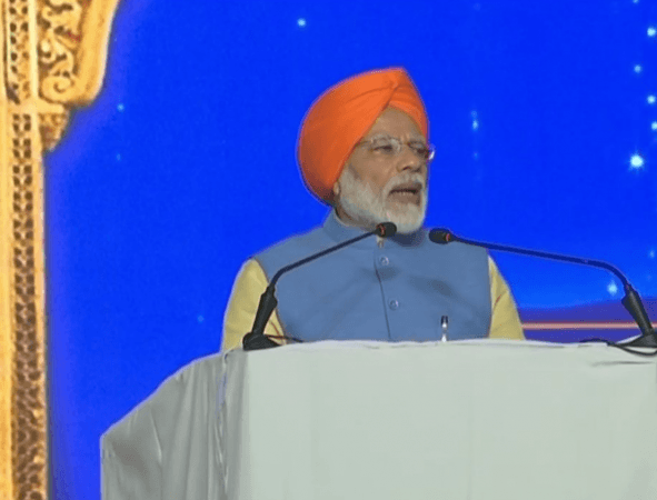 Prime Minister Narendra Modi speaking at the inauguration of the Integrated Check Post of Kartarpur Corridor at Dera Baba Nanak in Gurdaspur. ANI Modi