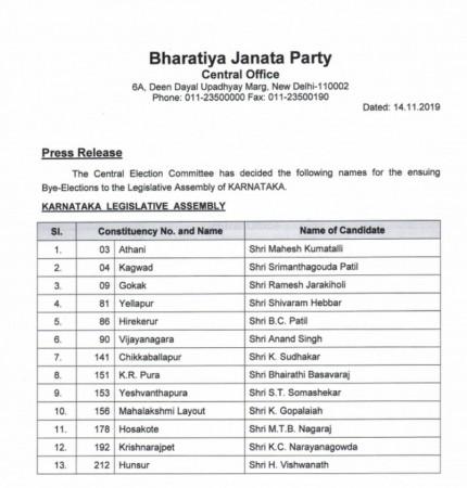 BJP releases first candidate list naming 13 rebel MLAs BJP candidate list