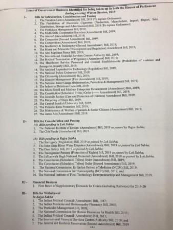 Bills to be passes during the winter session of the parliament (Image: Twitter) Bills to be passed