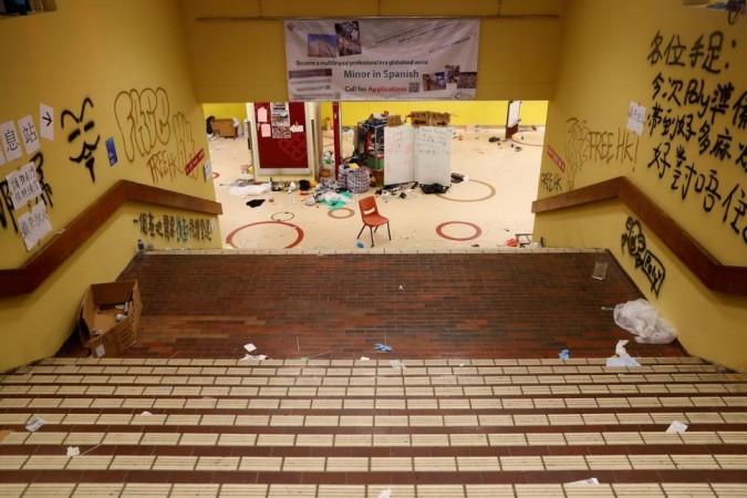 Graffiti and debris are seen in Hong Kong Polytechnic University (PolyU) in Hong Kong, China November 20, 2019. Picture taken November 20, 2019. Hong Kong university violence