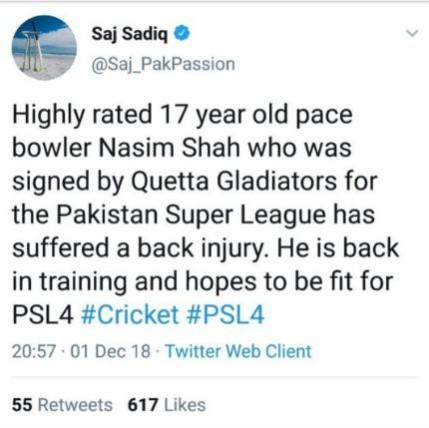 The tweet from Saj Sadiq mentioning Naseem's age as 17 Naseem Shah