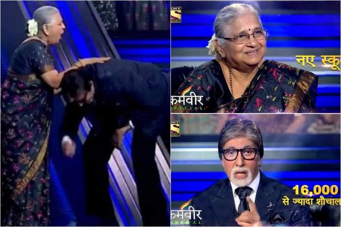 Amitabh Bachchan touches Sudha Murthy's feet on KBC 11 Amitabh Bachchan touches Sudha Murthy's feet on KBC 11