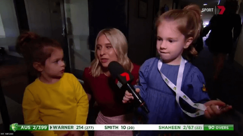 Ivy Mae and Indi Warner being interviewed after their father reached 200 David Warner daughters