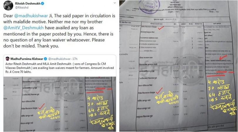 Screenshot of Riteish Deshmukh and MadhuPurnima Kishwar's tweets Screenshots of Riteish Deshmukh and MadhuPurnima Kishwar's tweets