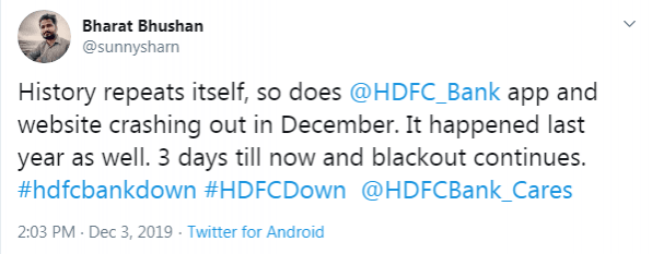 HDFC Bank digital services down for two days now