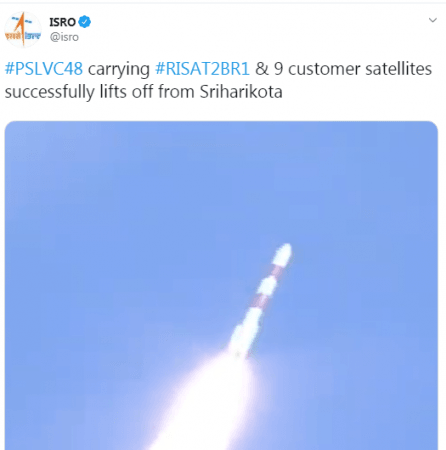 PSLVC48 carrying #RISAT2BR1 & 9 customer satellites successfully lifts off from Sriharikota. ISRO/Twitter PSLVC48 carrying #RISAT2BR1 & 9 customer satellites successfully lifts off from Sriharikota