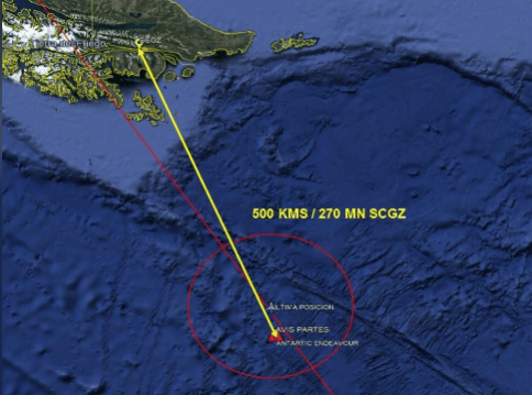 A satellite image shows an area in the Drake Passage or Sea of Hoces where debris, believed by the Chilean Air Force to be from a Hercules C-130 military cargo plane that crashed this week and went missing, was found, in this undated handout received on December 11, 2019. Fuerza Aerea de Chile (Chilean Air Force) /via REUTERS Chile