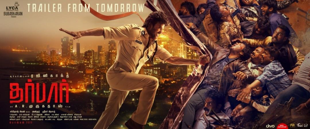 A promotional material of Rajinikanth's Darbar trailer release. Rajinikanth's Darbar Trailer