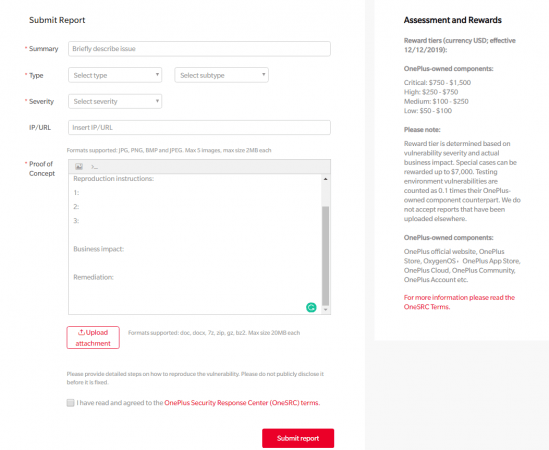 OnePlus Bug Bounty vulnerability form OnePlus Bug Bounty vulnerability form