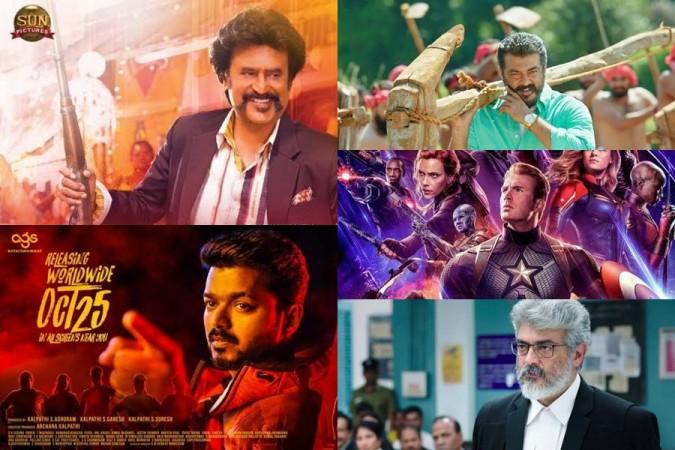 A collage of the top five grossing movies at the Chennai box office in 2019. Highest Grossing Tamil Movies of 2019