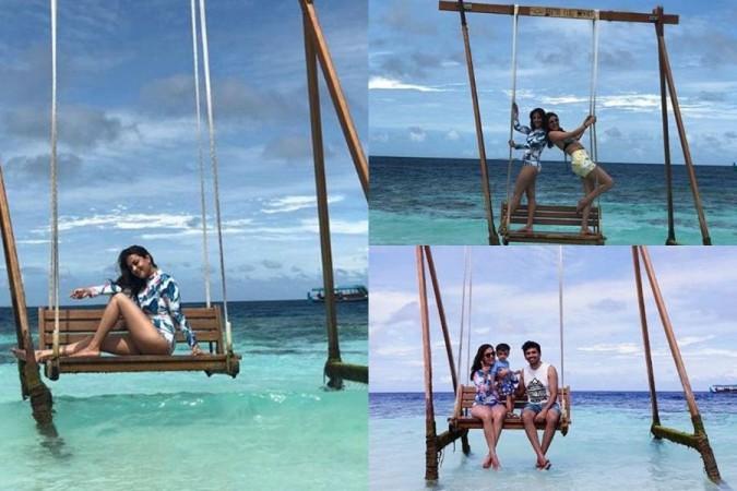 A collage of the pictures from Kajal Aggarwal's Maldives trip. Nisha Aggarwal with Kajal Aggarwal in Bikini