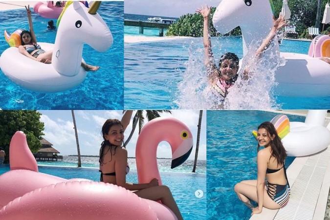 A collage of Kajal Aggarwal in two-piece bikini. Kajal Aggarwal Dons Bikini