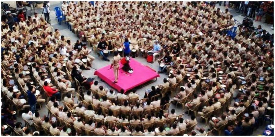 Bengaluru City Police gather at the Drum Circle event held in Orion Mall, Yeshwantpur. Drum Circle