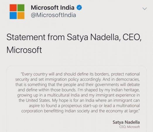 Satya Nadella's statement Microsoft statement CAA