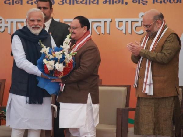 PM Modi congratulates BJP National President JP Nadda at a felicitation programme organised for the latter at the BJP Headquarters in New Delhi on Jan 20, 2020. Narendra Modi