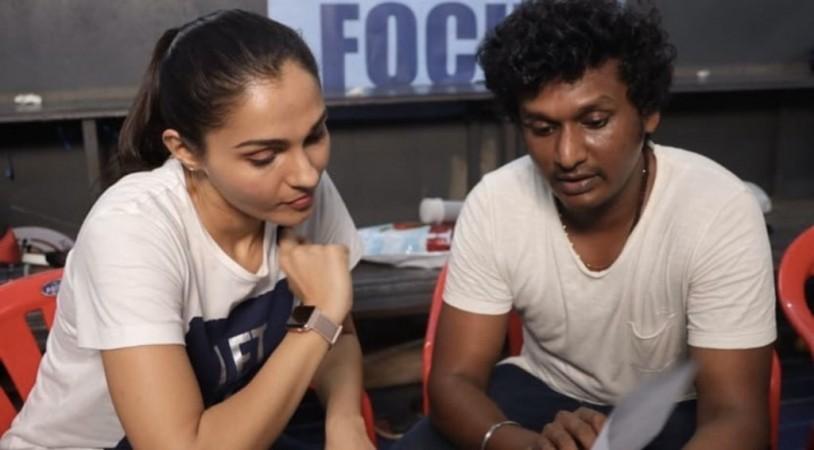 Andrea Jeremiah with Lokesh Kanagaraj on the sets of Vijay's upcoming movie Master. Andrea Jeremiah with Lokesh Kanagaraj