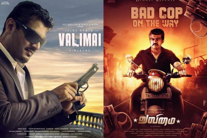 A collage of two fan-made posters of Ajith Kumar's upcoming movie Valimai. Valimai First Look Poster - Fan Made