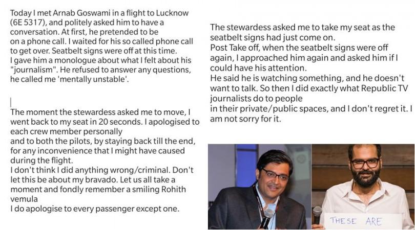 Kunal Kamra's statement on heckling Arnab Goswami Kunal Kamra's statement on heckling Arnab Goswami