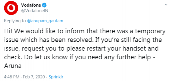 Vodafone says issue is resolved Vodafone says issue is resolved