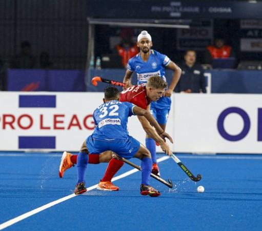 Indian team in action against Belgium in FIH Pro League India vs Belgium