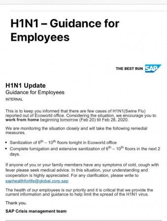 SAP India memo - H1N1 update SAP India memo - H1N1 update
