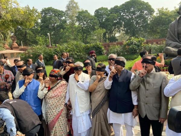 Trinamool Congress (TMC) protest in front of Gandhi statue inside the Parliament premises