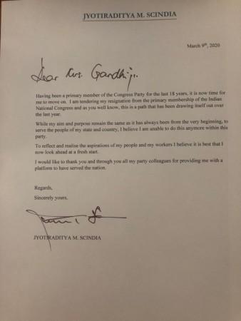 Jyotiraditya Scindia's resignation letter dated March 9 out. Jyotiraditya Scindia