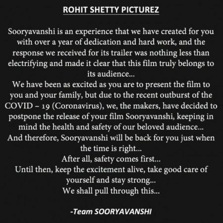 Sooryavanshi release postponed Sooryavanshi, Ranveer Singh, Akshay Kumar, Ajay Devgn