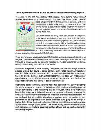 IPS comments on article in the New York Times dated March 12, 2020