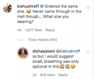 @dishapatani on Instagram Krishna Shroff comment on Disha Patani's dress