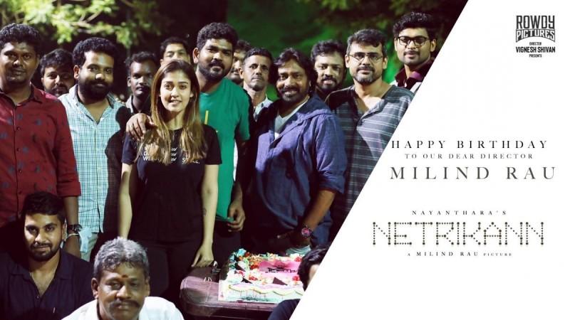 Nayanthara with her boyfriend Vignesh Shivan celebrated the birthday of Milind Rau on the sets of Netrikann. Nayanthara and Vignesh Shivan Celebrate Milind Rau's Birthday