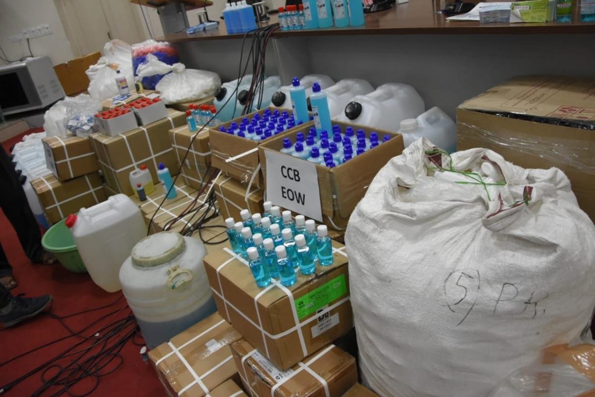 Bengaluru police raids 8,500 fake sanitiser bottles. Image: @SandeepPatil/Twitter BCP