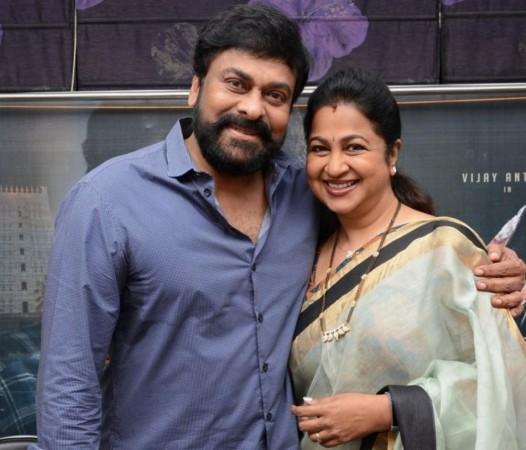 Chiranjeevi and Raadhika during the poster launch event of Vijay Antony's Indrasena movie. Raadhika