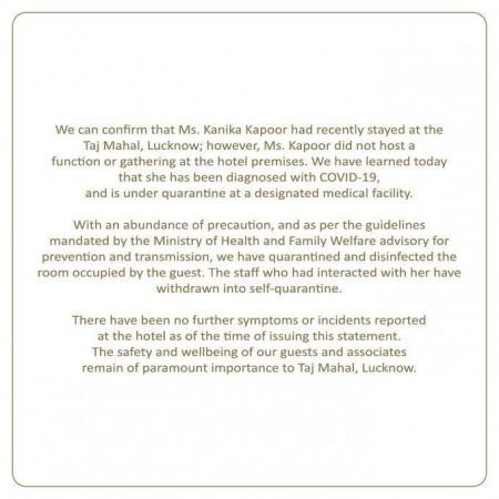 Taj issues statement on Kanika's stay