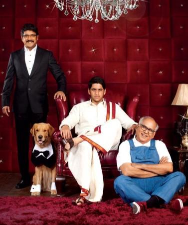 Akkineni Nageswara Rao, Nagarjuna and Naga Chaitanya with their favourite pet during the shoot of Manam. Nagarjuna