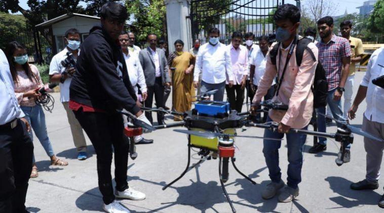 A drone being used to spray disinfectants in Bengaluru drone