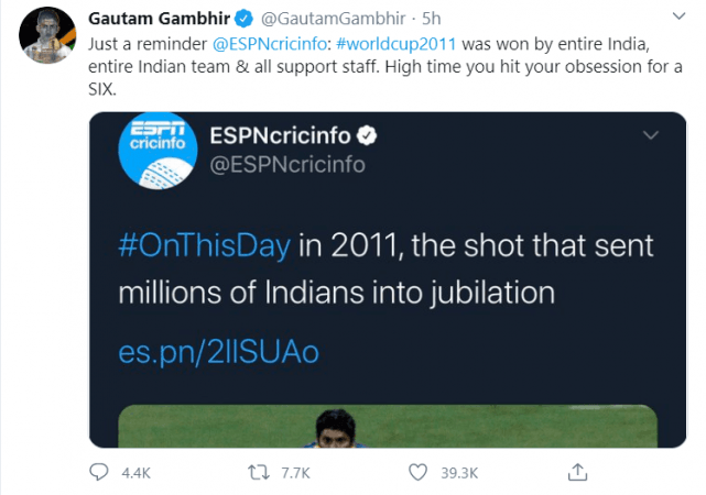 Gambhir's tweet Gautam Gambhir tweet