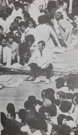 Dickie Bird sitting amidst spectators when the police were searching for the bomb Dickie Bird