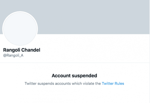 Rangoli Chandel's Twitter account suspended