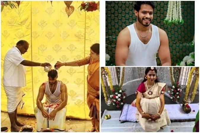 A collage of Nikhil Kumaraswamy and Revathi's pre-wedding ritual. Nikhil Kumaraswamy's Wedding