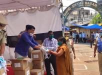 Dil Raju distributes protective masks and sanitizers to the police in Hyderabad.