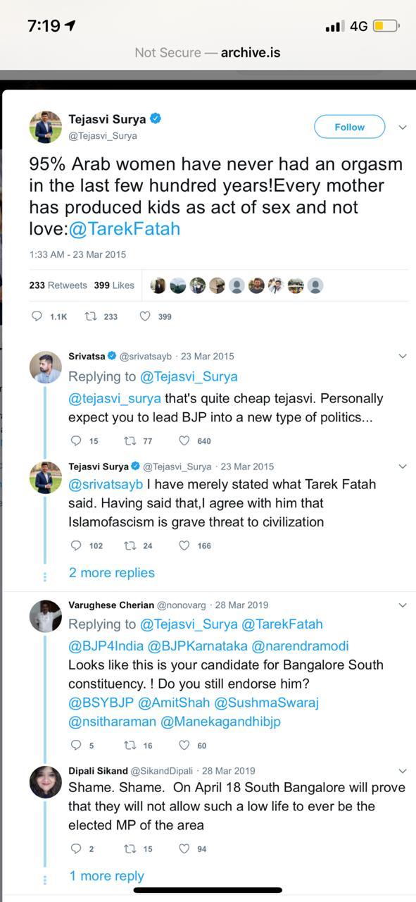 Tejasvi Surya deletes tweet on Arab women that read they never