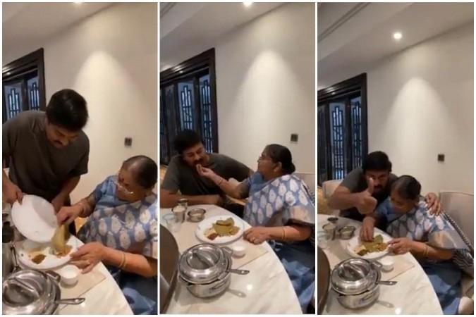 Chiranjeevi feeding onion dosa to his mother Anjanamma Chiranjeevi performing the task of #BetheREALMAN challenge