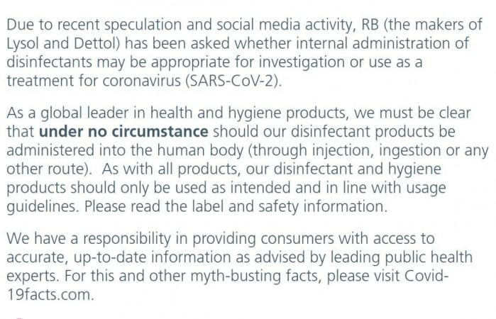 Dettol issues warning after Trump's remarks Dettol issues warning after Trump's remarks